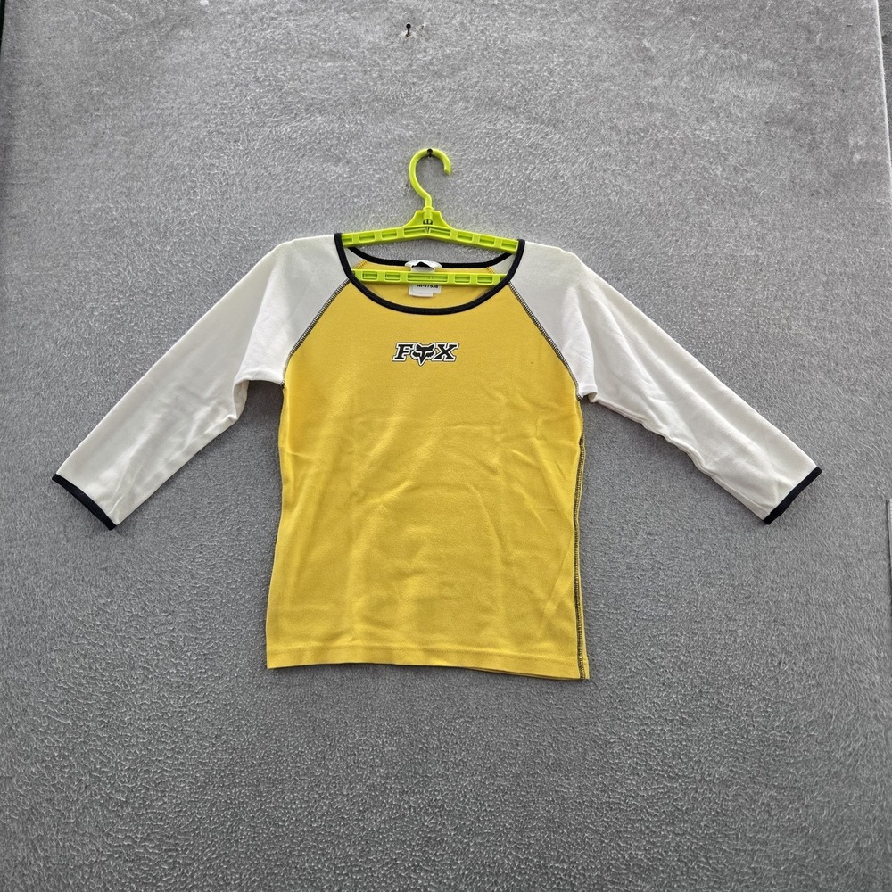 FOX Girl Shirt L Yellow Colorblock Logo Contrast Stitching 3/4 Sleeve